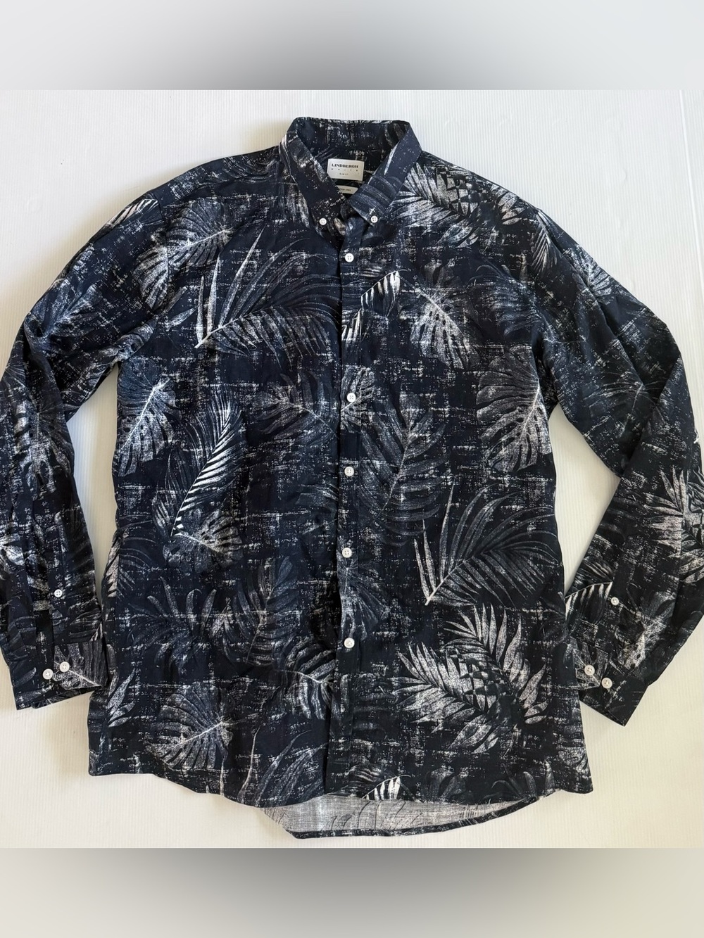 Lindbergh  Long Sleeve Shirt Mens Size 3XL Linen‎ Blend Hawaiian Print Slim Fit